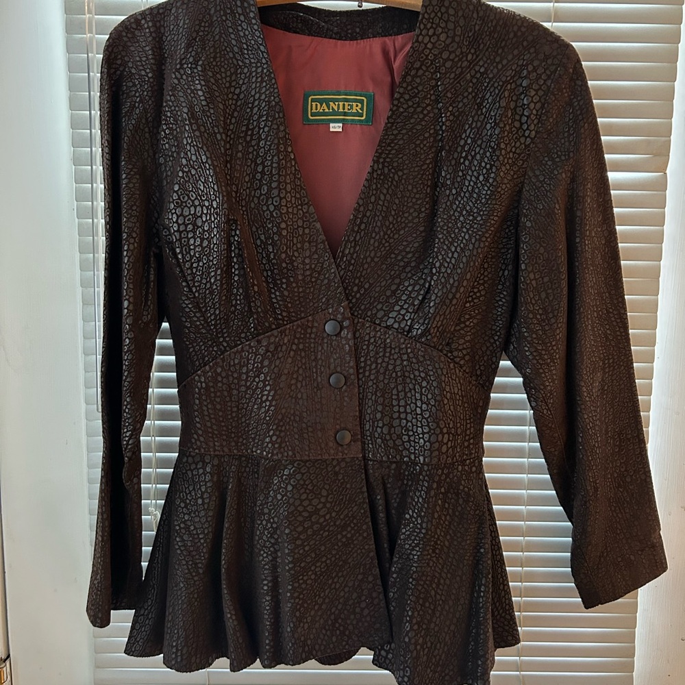 Danier Brown Textured Leather Peplum Blazer